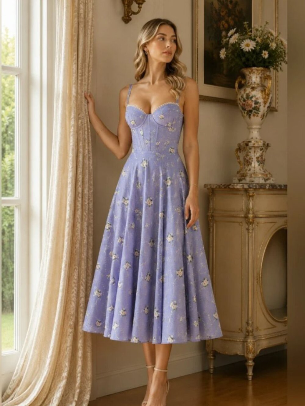 NWT House Of CB Steffani Blue Daisy Floral Cotton Midi Sun Dress Small